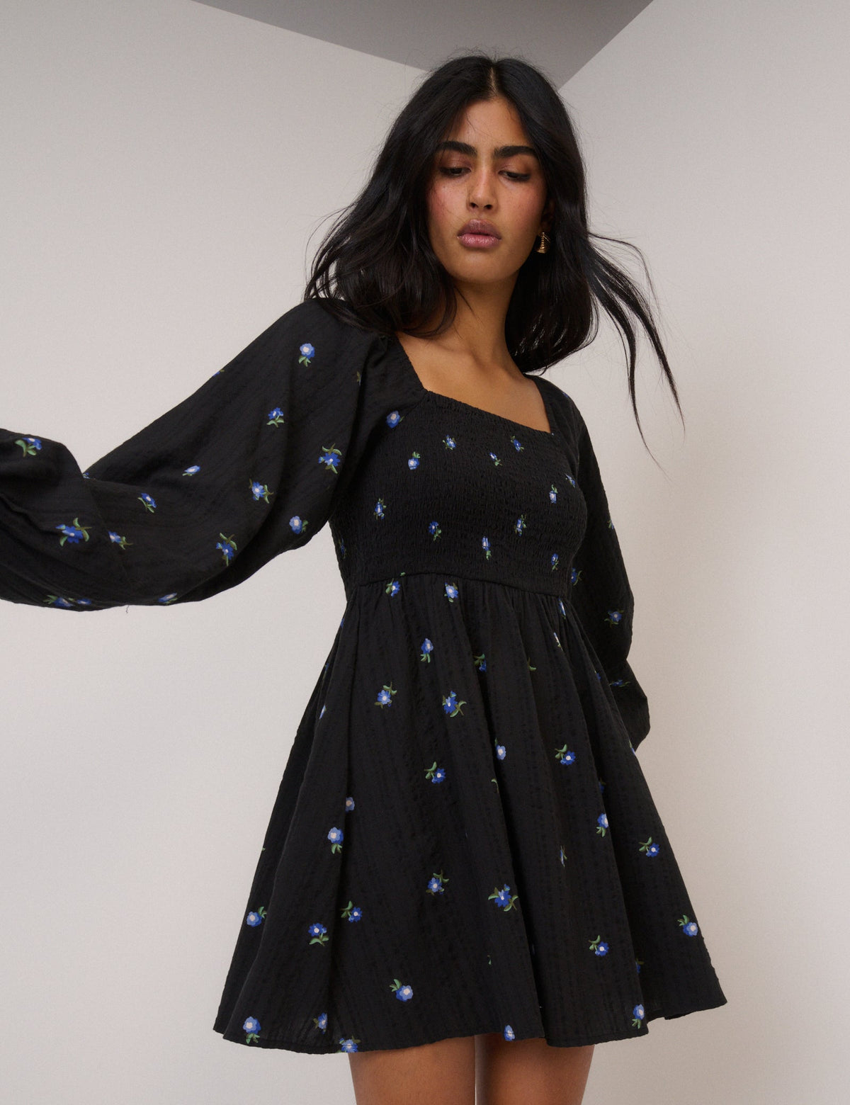 Black Ditsy Floral Long Sleeve Bella Mini Dress