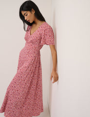 Pink Floral Atlas Midi Dress