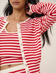 Red Striped Waisted Crew Neck Cardigan