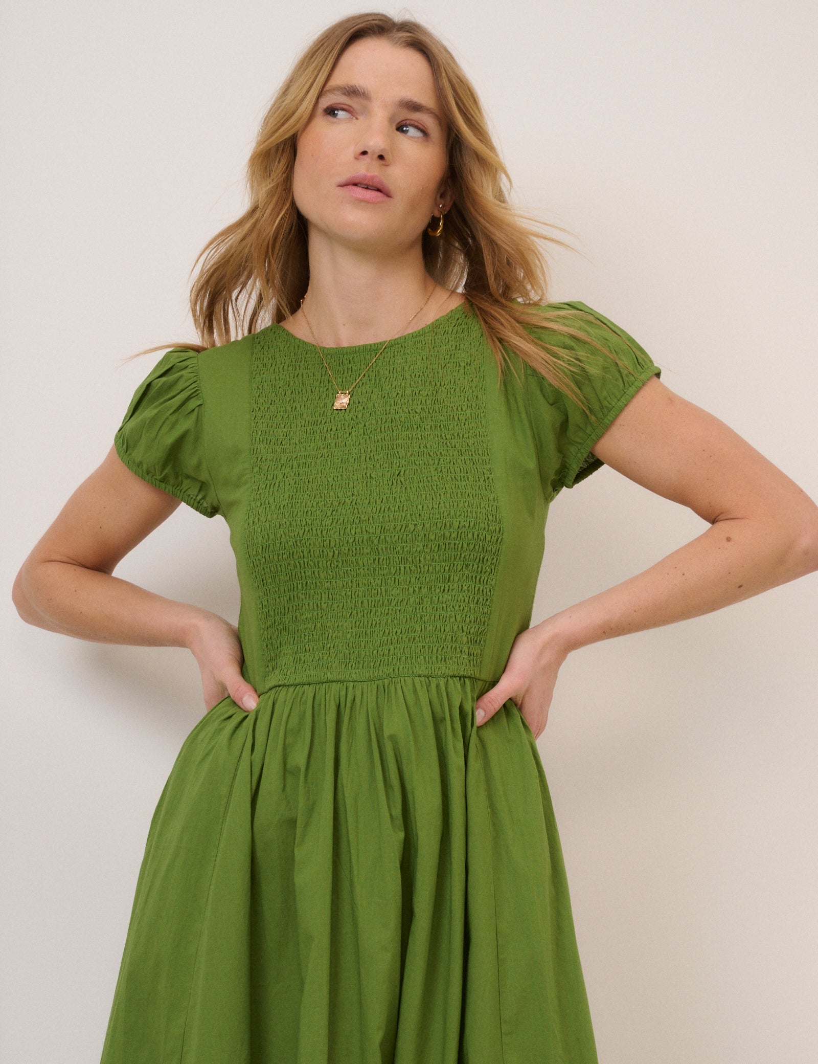 Green Puff Sleeve Allison Midi Dress