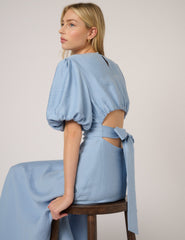 Blue Puff Sleeve Symran Midi Dress