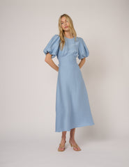 Blue Puff Sleeve Symran Midi Dress