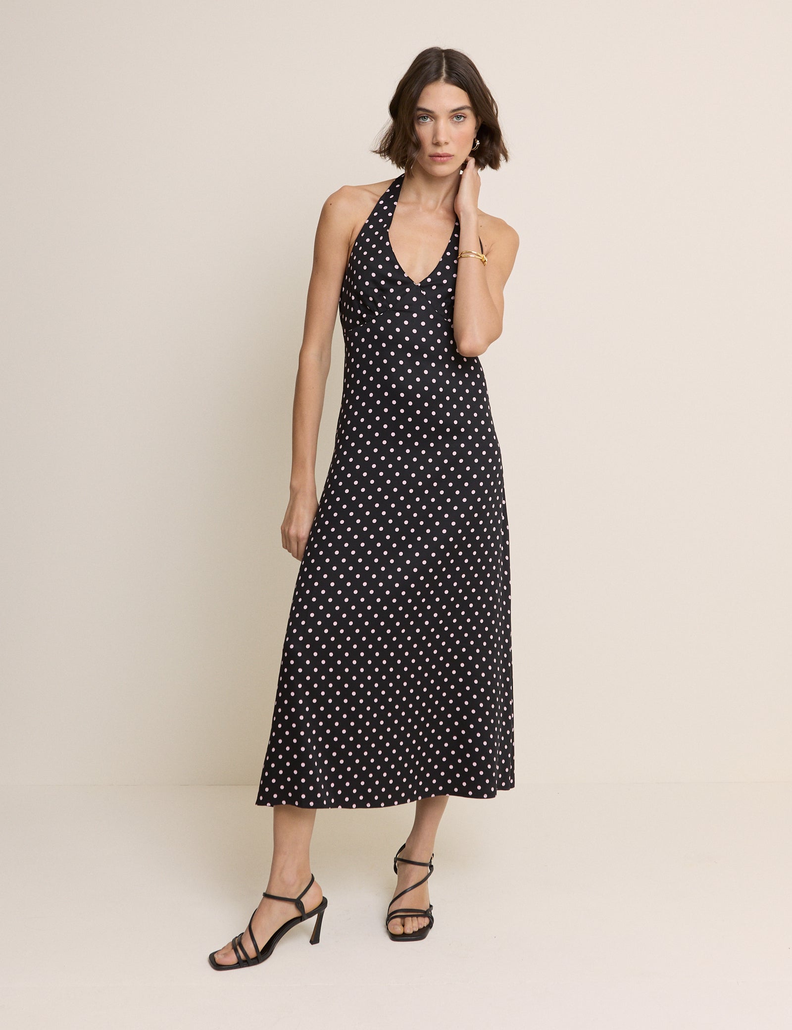 Black Polka Dot Halter Neck Lynette Midi Dress