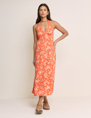 Orange Floral Halter Neck Lynette Midi Dress