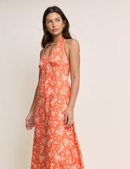 Orange Floral Halter Neck Lynette Midi Dress