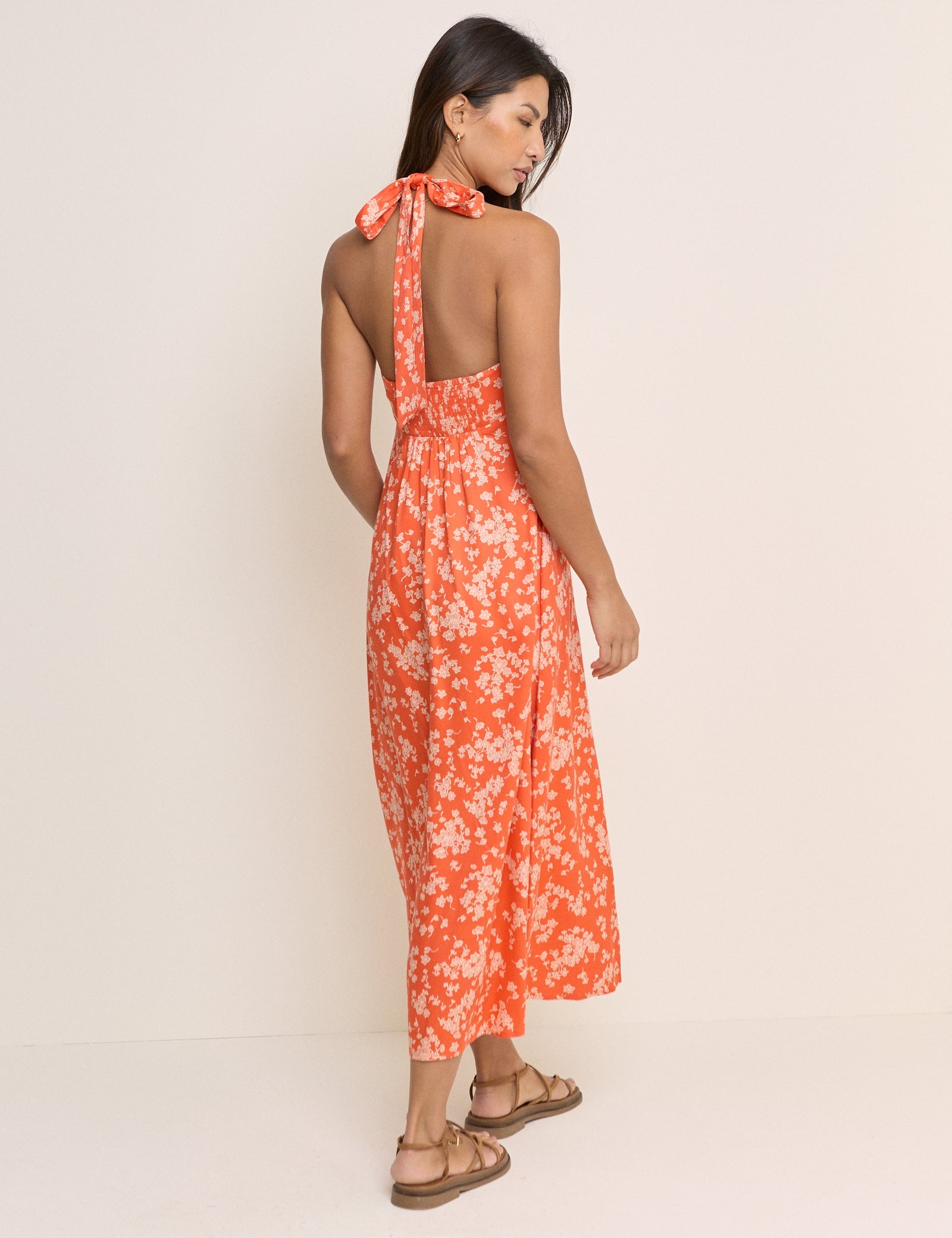 Orange Floral Halter Neck Lynette Midi Dress