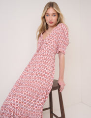 Pink Floral Puff Sleeve Lia Midi Dress