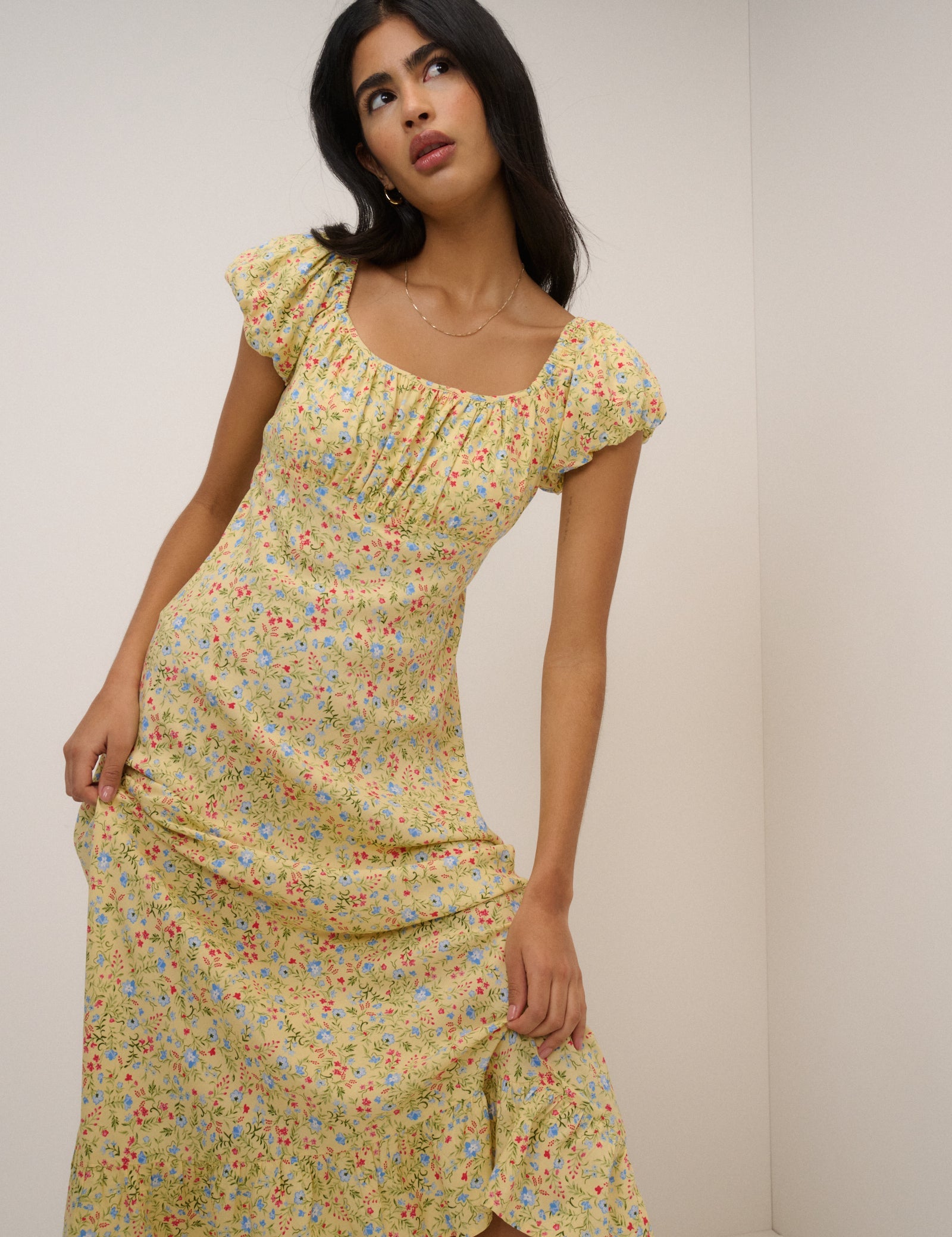 Butter Yellow Ditsy Floral Jemima Midi Dress