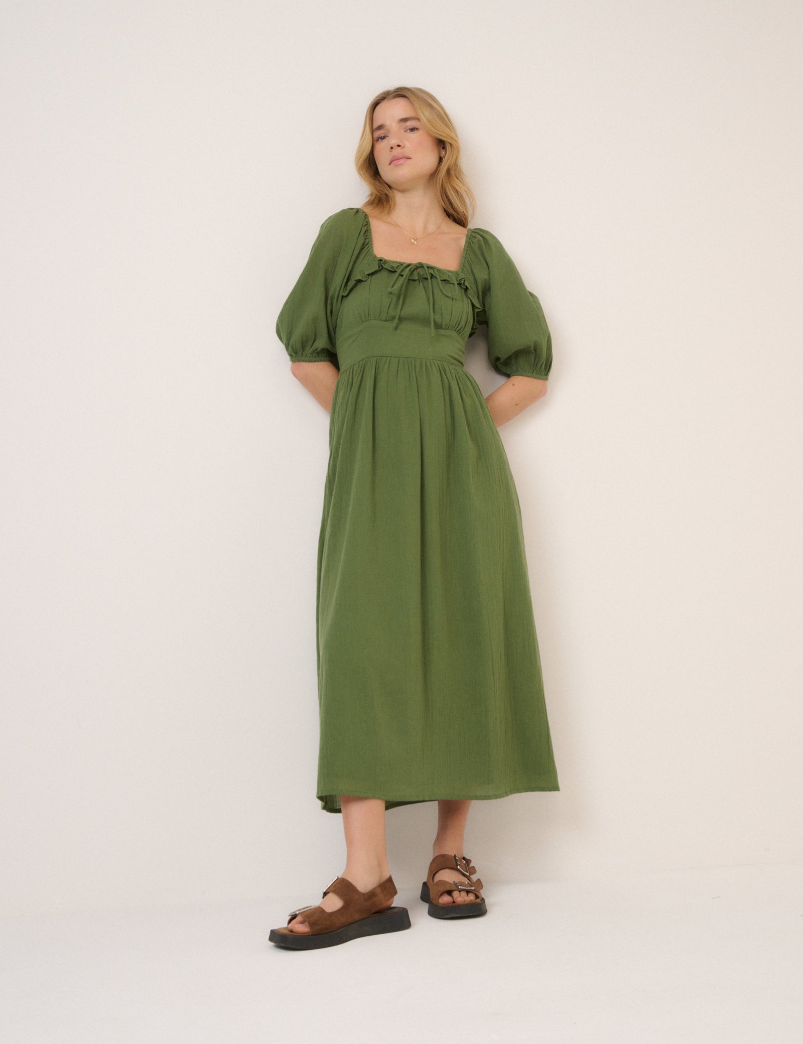 Green Puff Sleeve Annie Midi Dress
