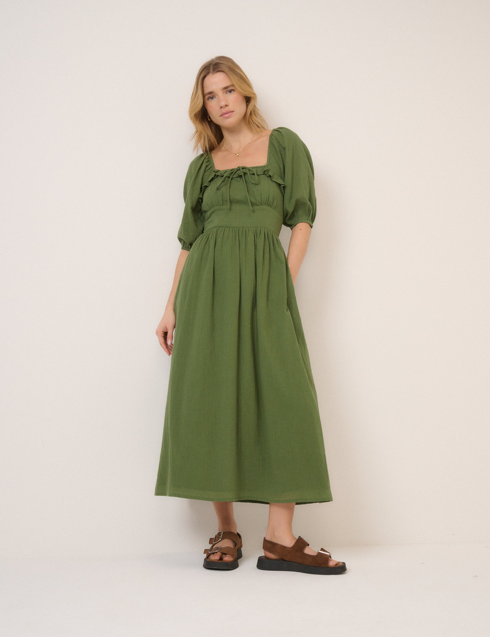 Green Puff Sleeve Annie Midi Dress