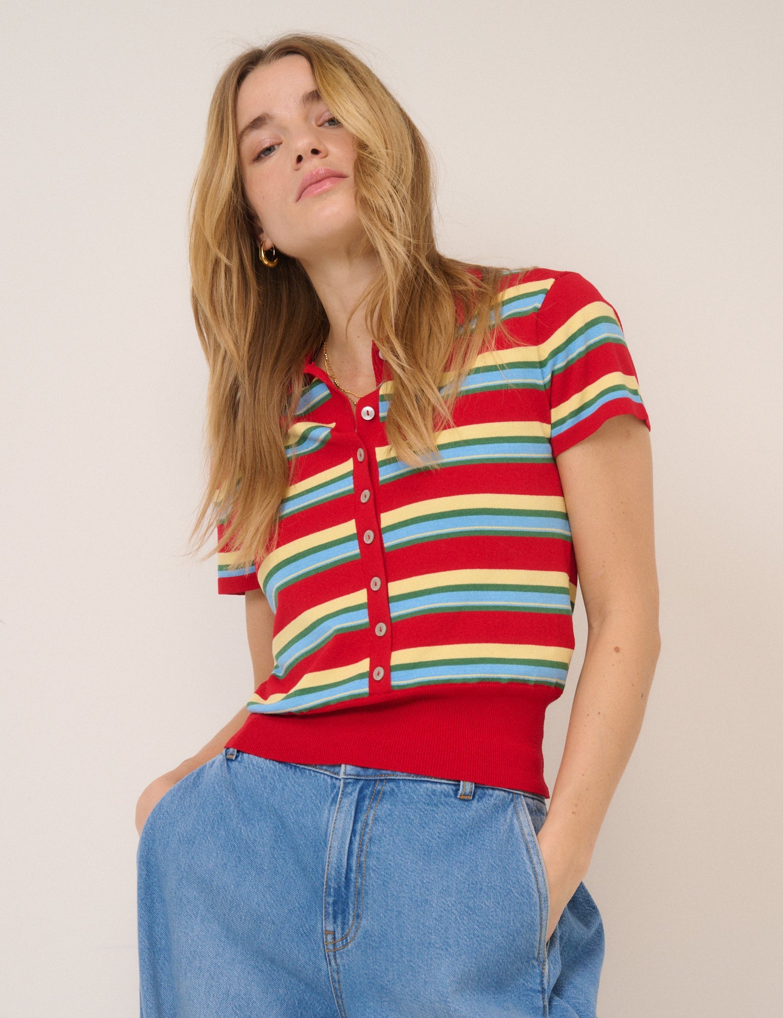 Red Striped Knitted Polo Top