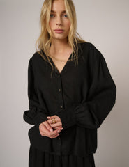 Black Linen-Blend Blouse