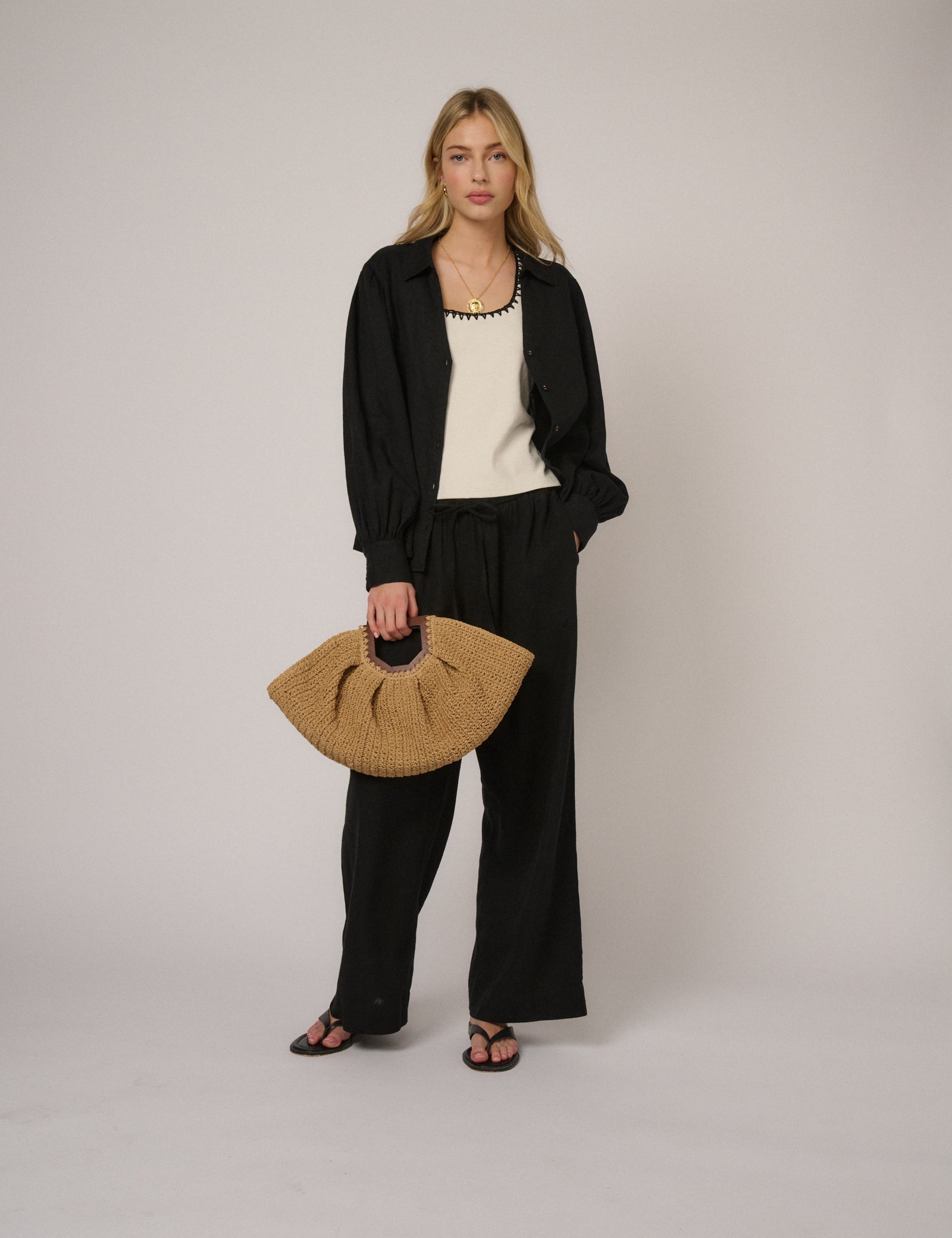 Black Linen-Blend Blouse