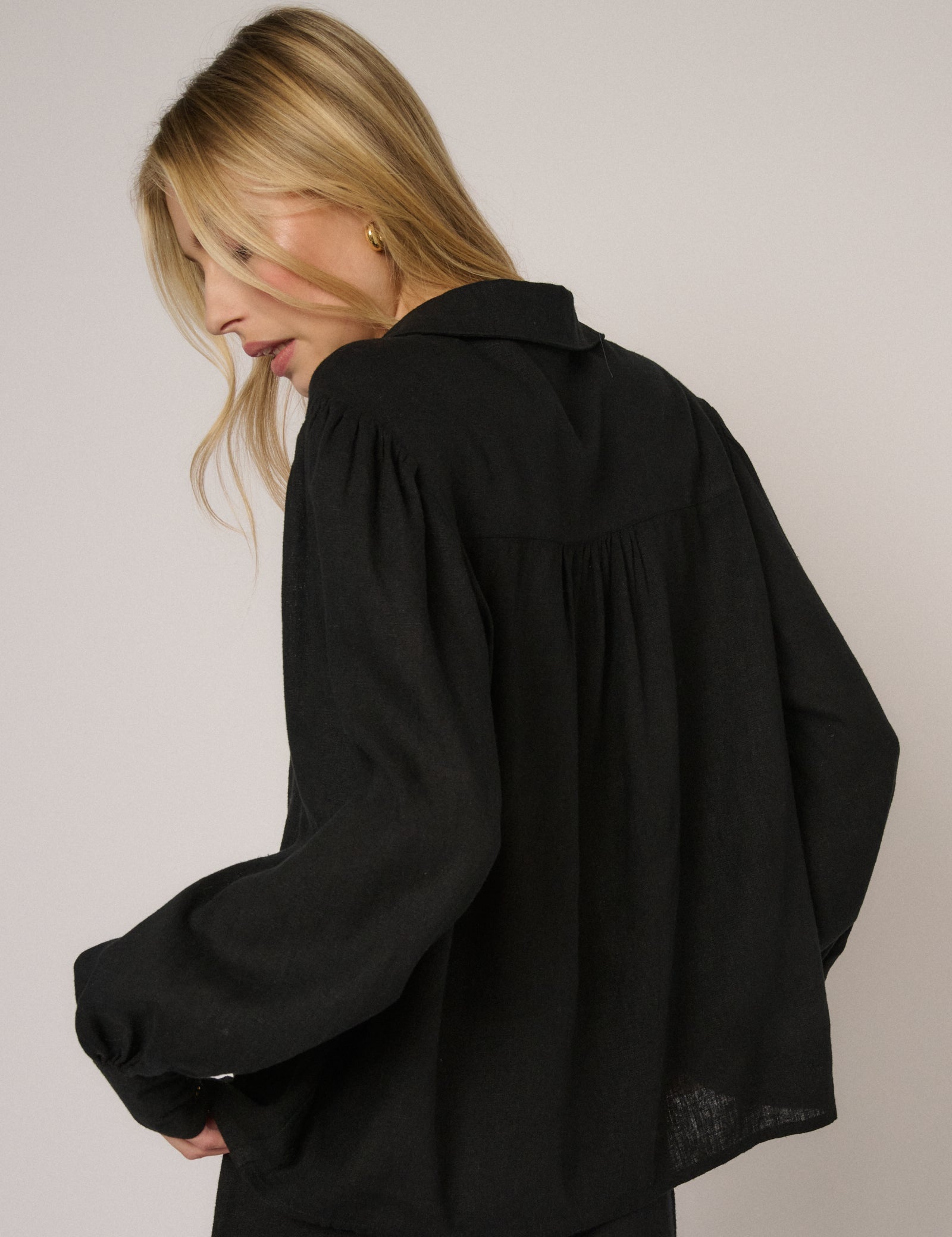 Black Linen-Blend Blouse