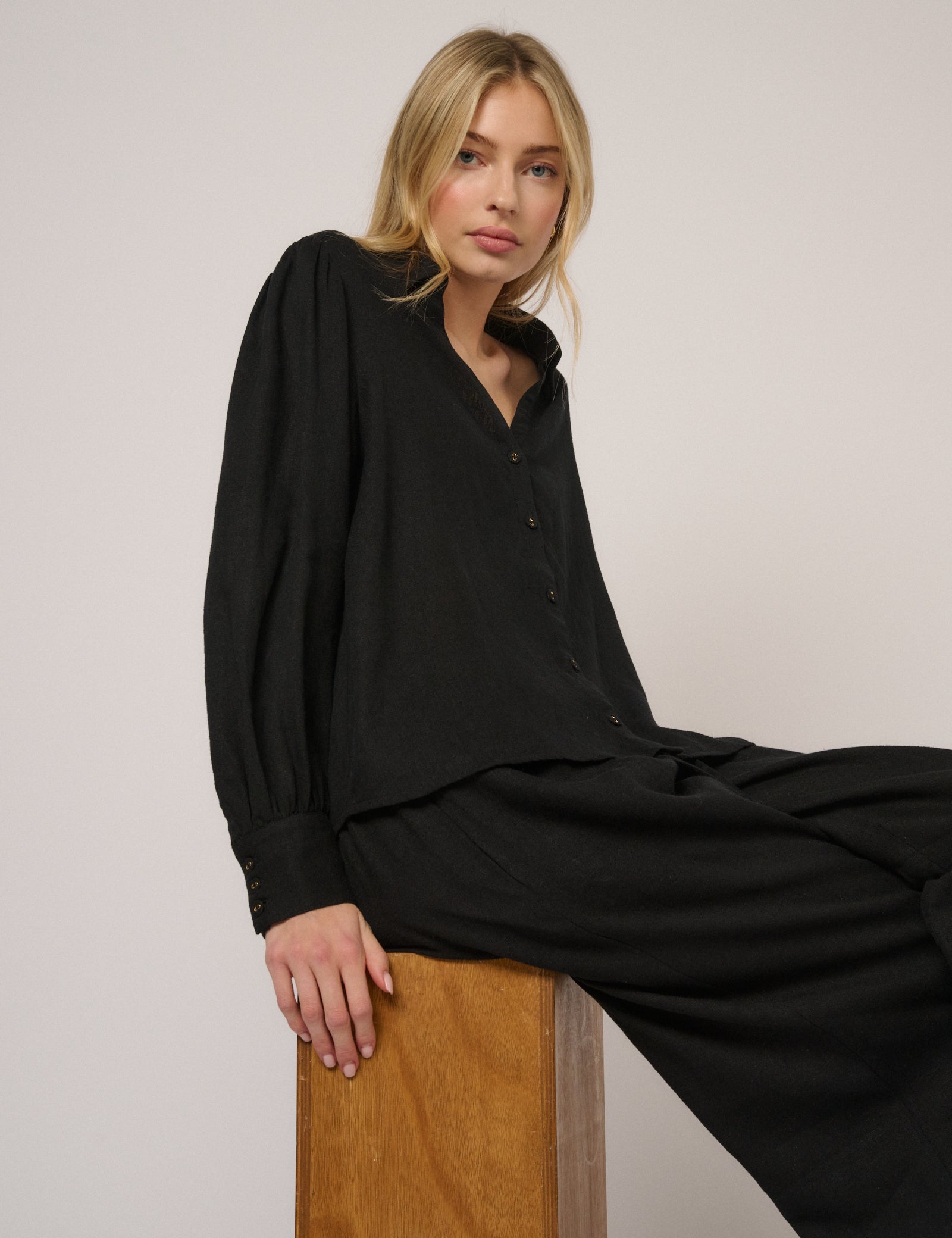 Black Linen-Blend Blouse