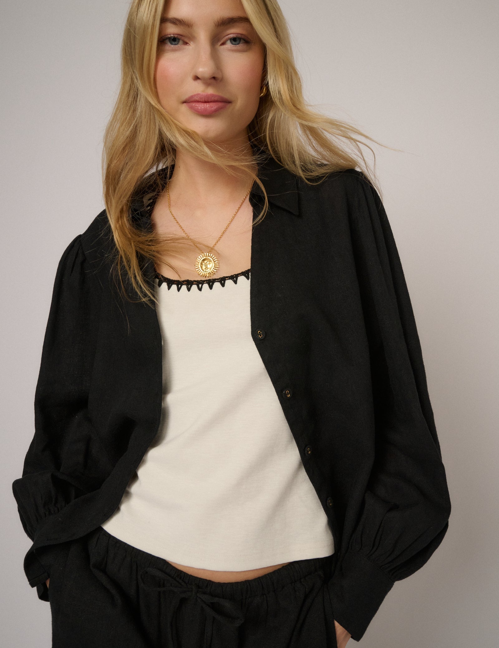 Black Linen-Blend Blouse