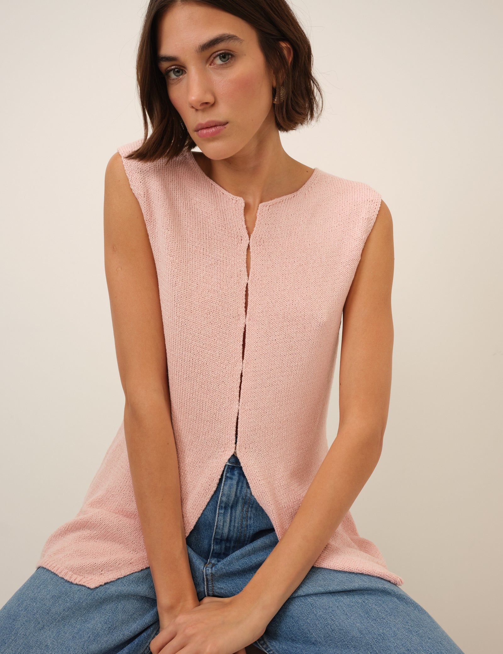 Pink Long Line Knitted Waistcoat