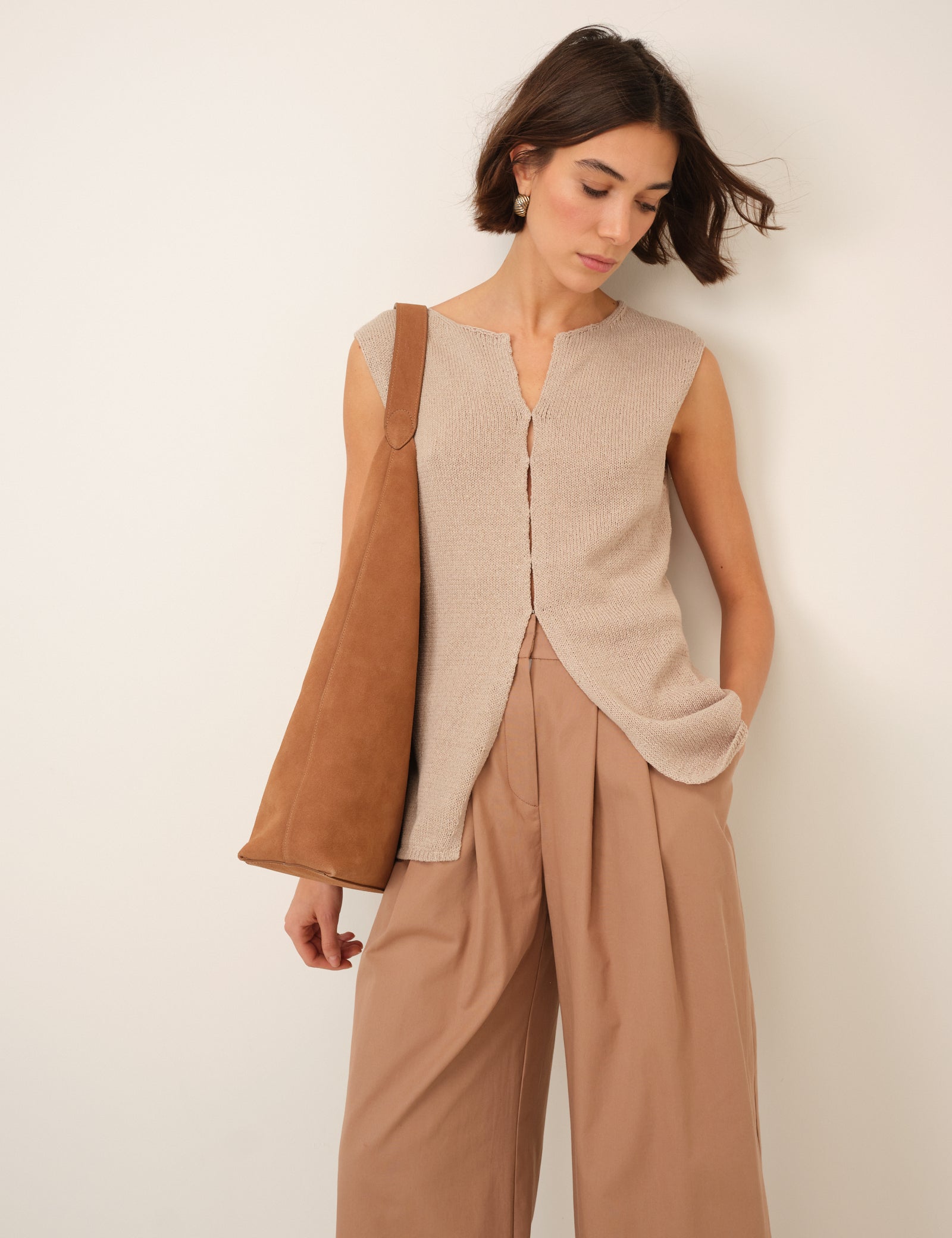 Beige Long Line Knitted Waistcoat