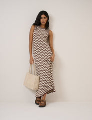 Cream And Brown Pointelle Knitted Midi Dress