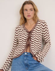 Cream and Brown Pointelle Knit Cardigan