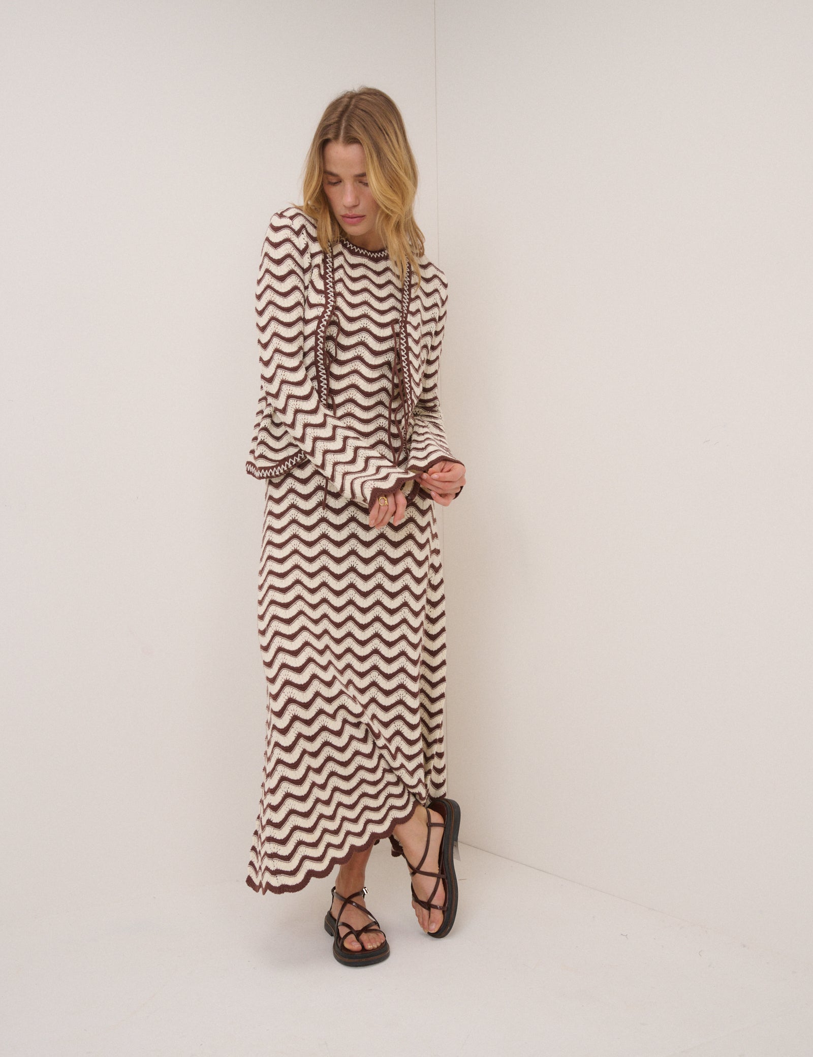 Cream and Brown Pointelle Knit Cardigan
