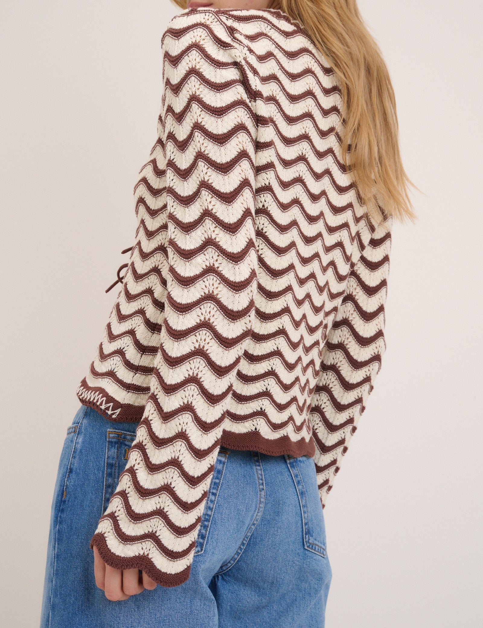 Cream and Brown Pointelle Knit Cardigan