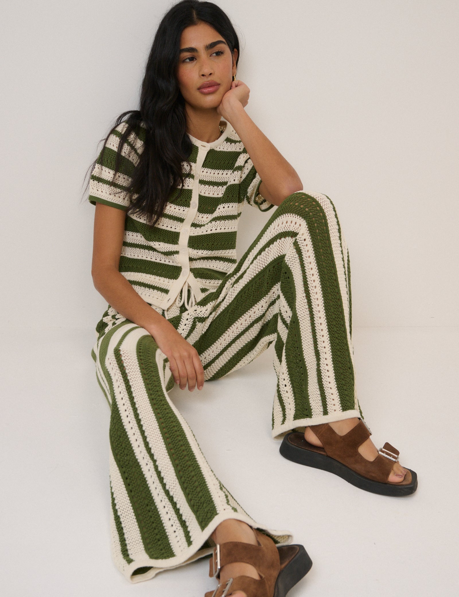 Green Striped Crochet Cardigan