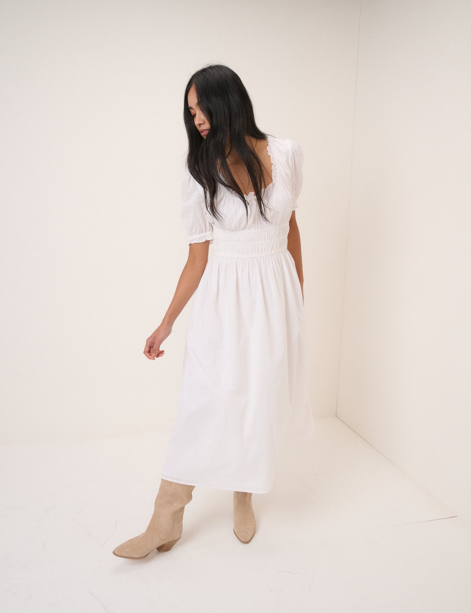 White Milkmaid Puff Sleeve Tula Midi Dress