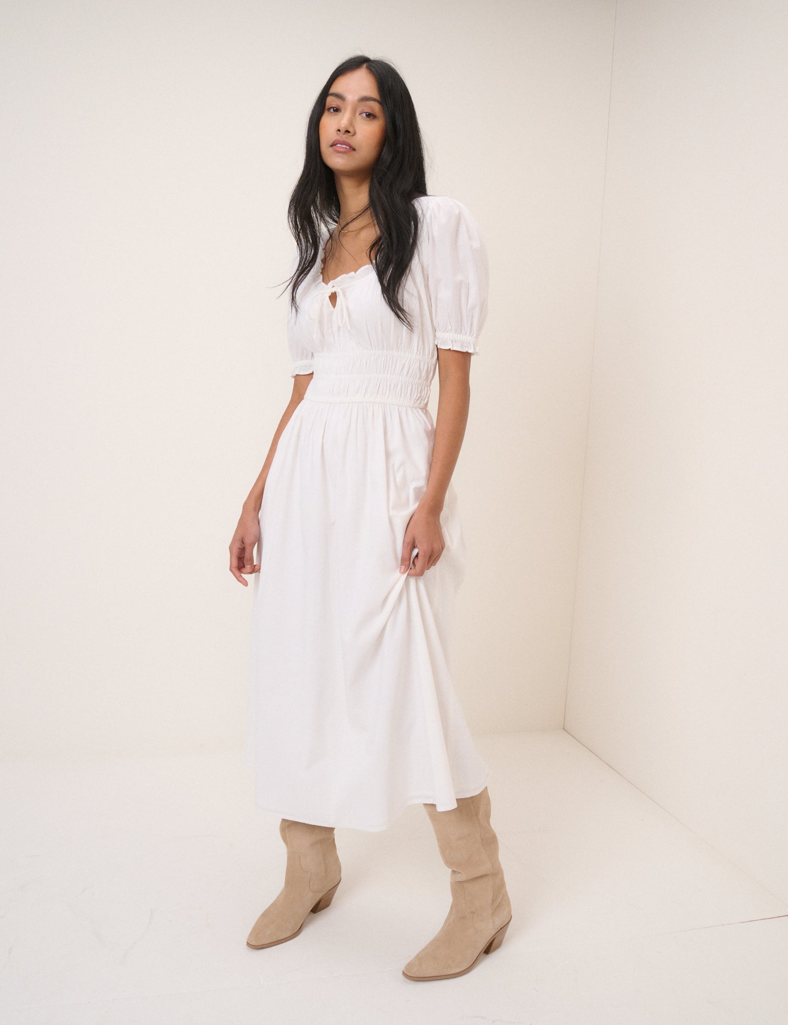 White Milkmaid Puff Sleeve Tula Midi Dress