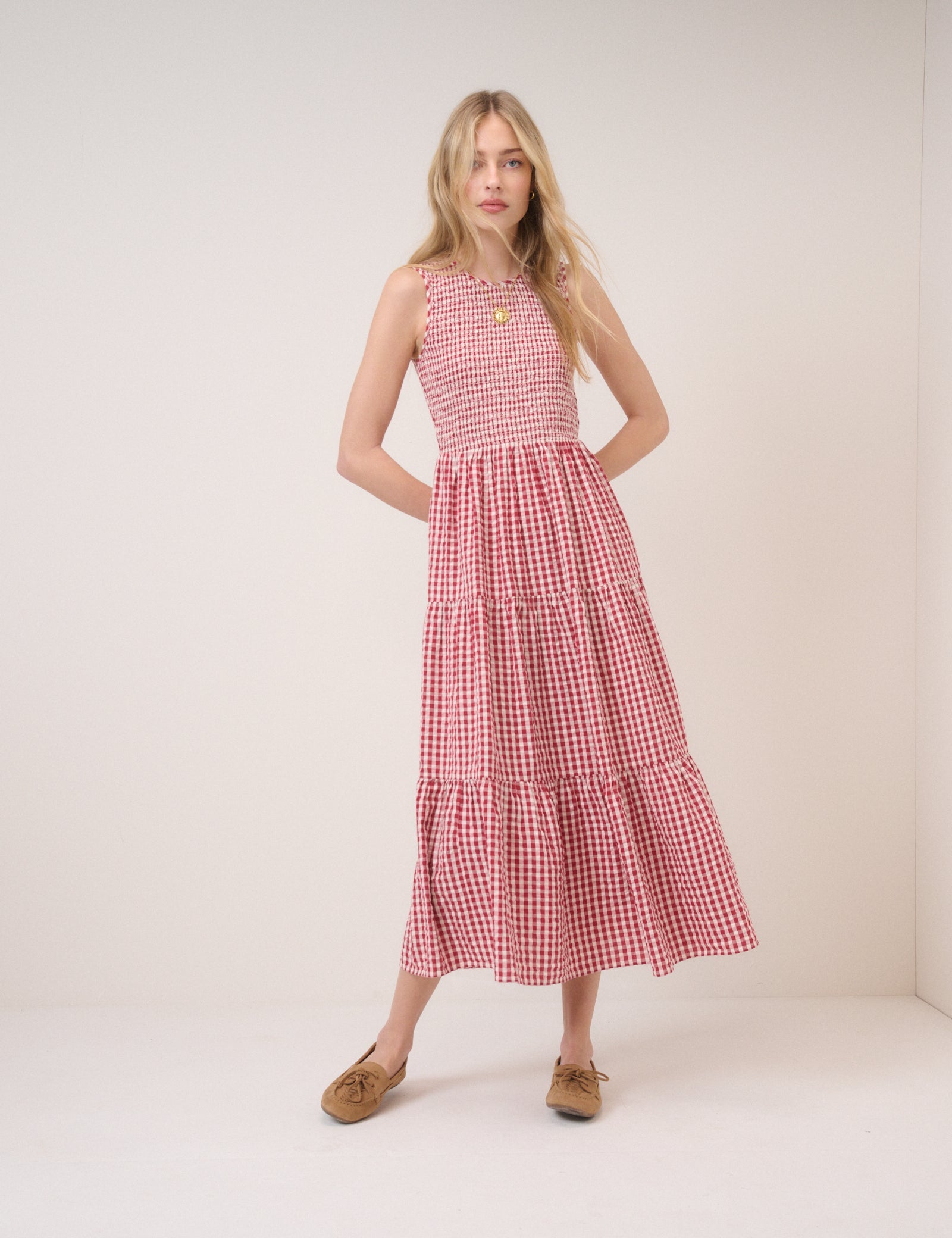 Red Pinstripe Sleeveless Charlie Midi Dress