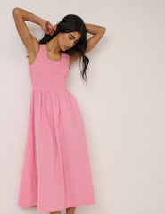 Pink Ruched Sleeveless Kinsley Midi Dress