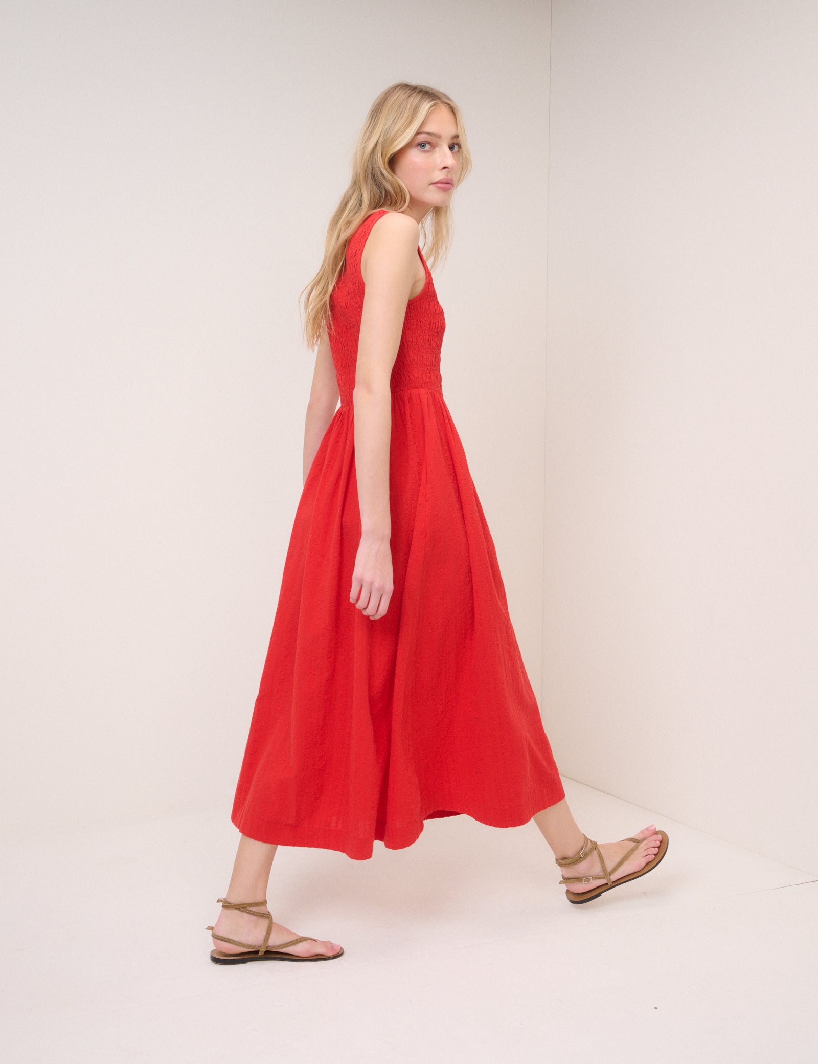Red Shirred Sleeveless Kinsley Midi Dress