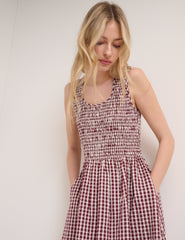 Burgundy Gingham Shirred Kinsley Midi Dress