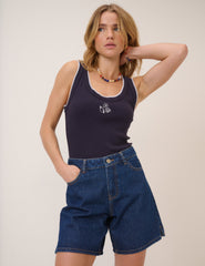 Navy Shell Embroidered Whipstitch Vest