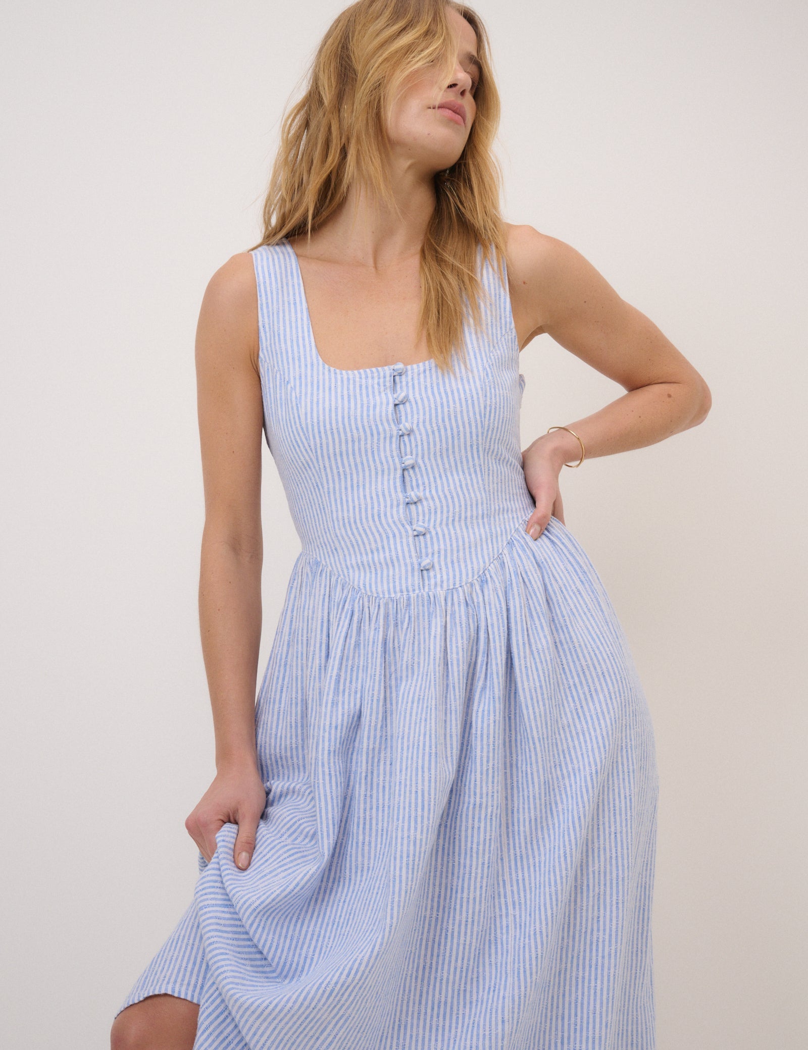 Blue Pinstripe Linen-Blend Cora Midi Dress