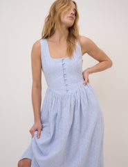 Blue Pinstripe Linen-Blend Cora Midi Dress