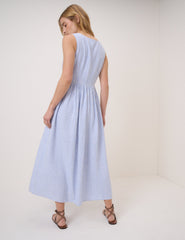 Blue Pinstripe Linen-Blend Cora Midi Dress