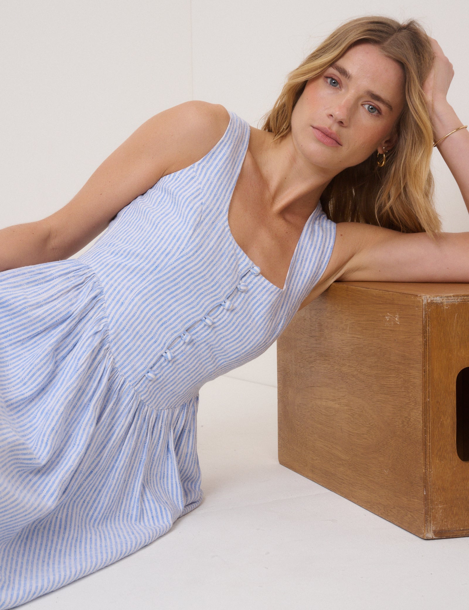 Blue Pinstripe Linen-Blend Cora Midi Dress