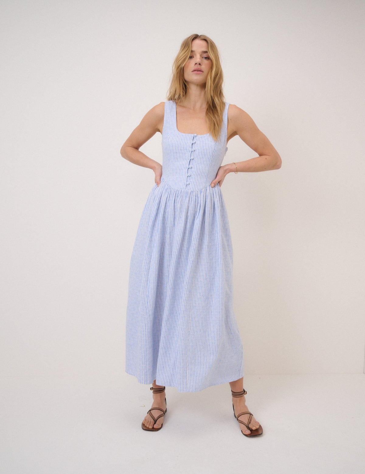 Blue Pinstripe Linen-Blend Cora Midi Dress