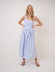 Blue Pinstripe Linen-Blend Cora Midi Dress