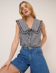 Black Gingham Ruffle Collar Button Through Top