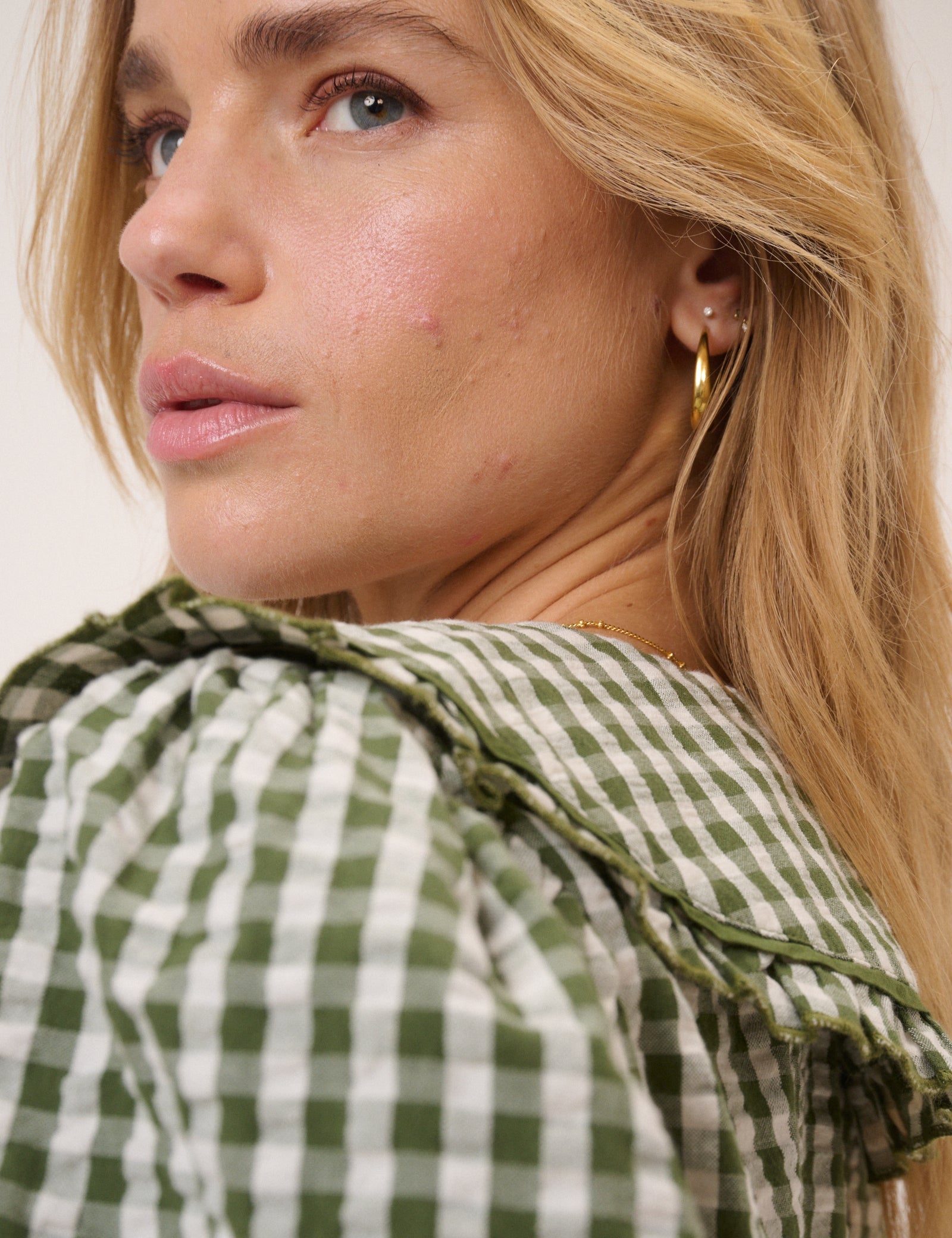 Green Gingham Ruffle Collar Blouse