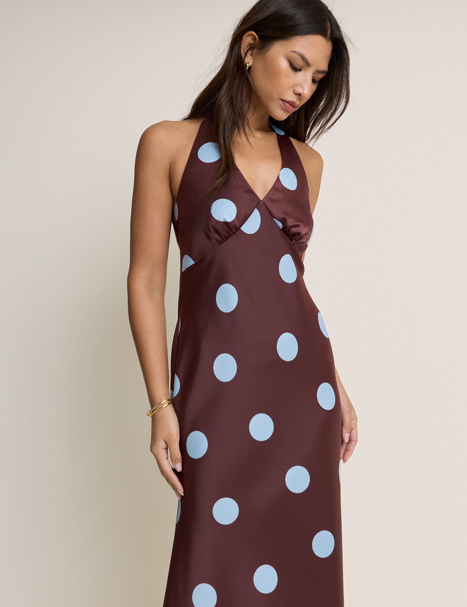 Brown Polka Dot Cali Halter Neck Midi Dress