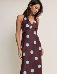 Brown Polka Dot Cali Halter Neck Midi Dress