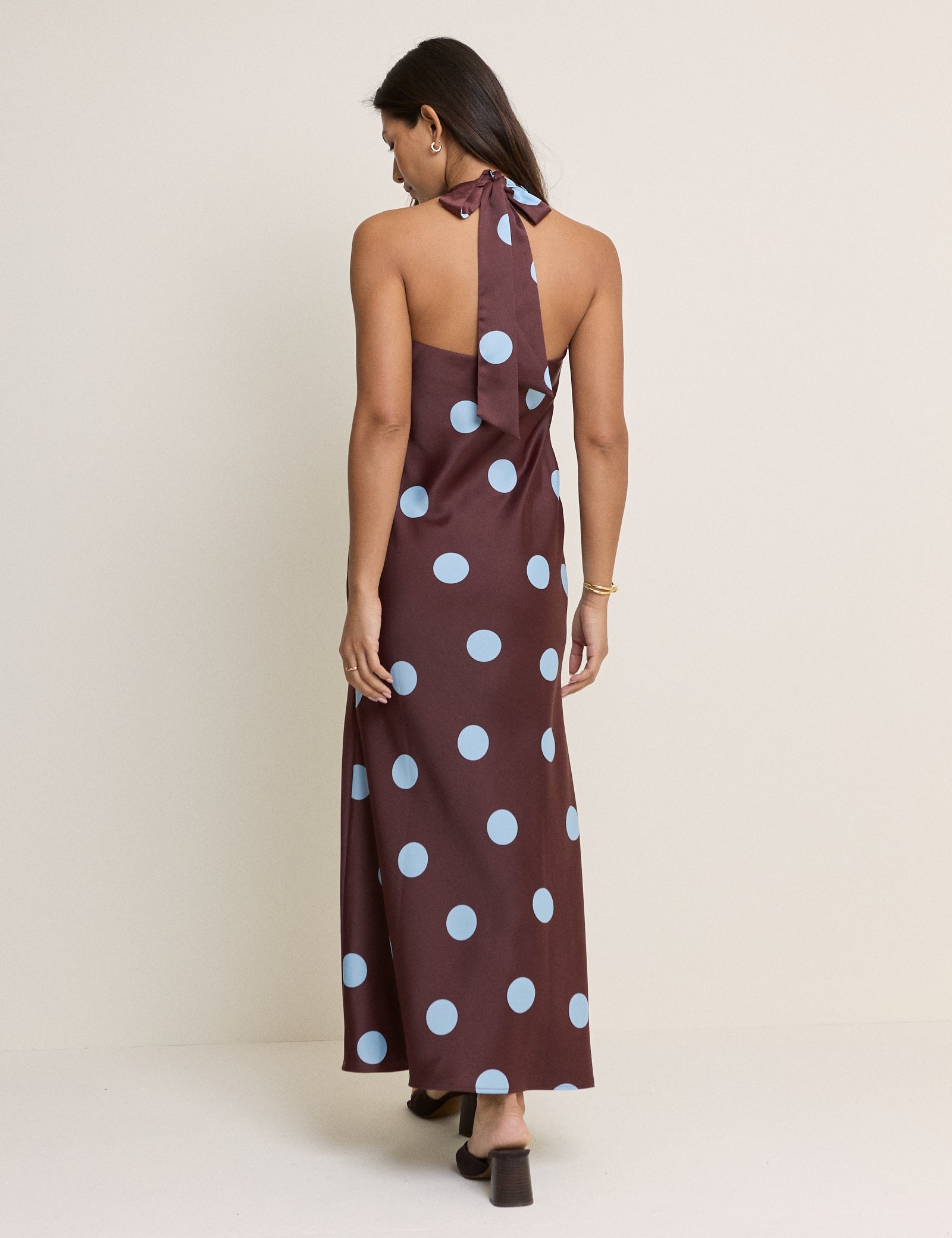 Brown Polka Dot Cali Halter Neck Midi Dress