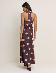 Brown Polka Dot Cali Halter Neck Midi Dress