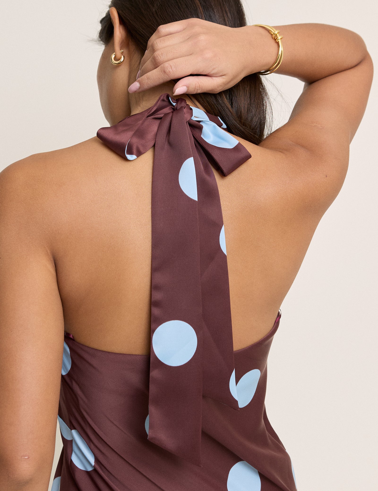 Brown Polka Dot Cali Halter Neck Midi Dress