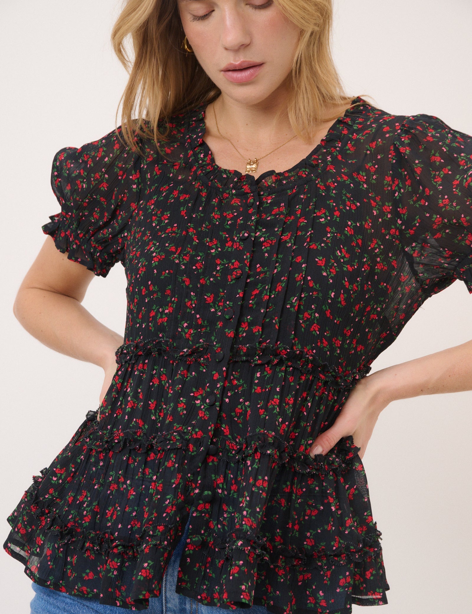 Black Floral Scoop Neck Top