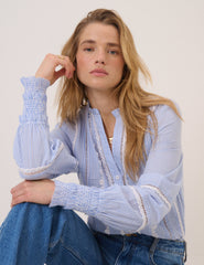 Blue Pinstripe Lace Trim Blouse