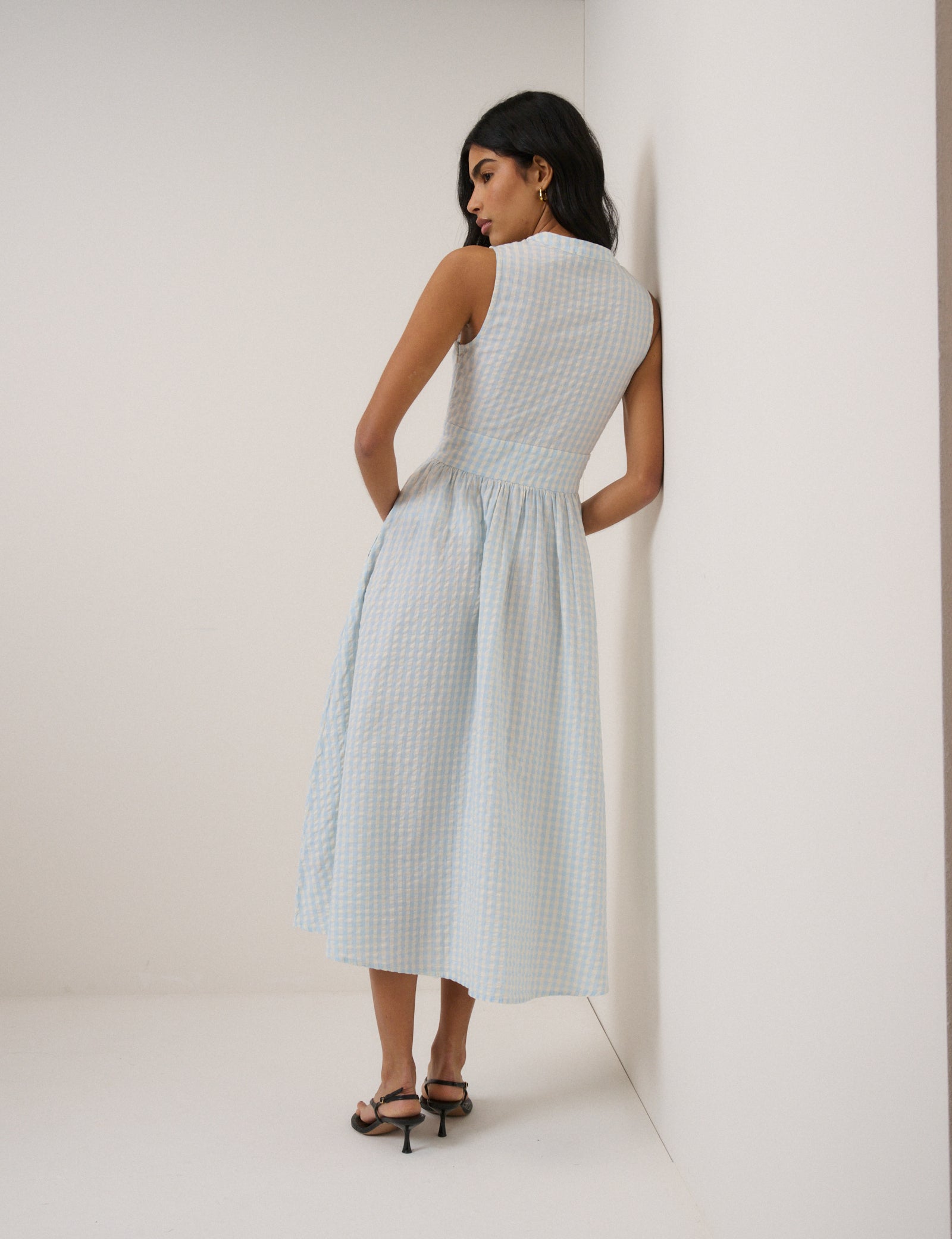 Light Blue Gingham Sleeveless Starlight Midi Dress